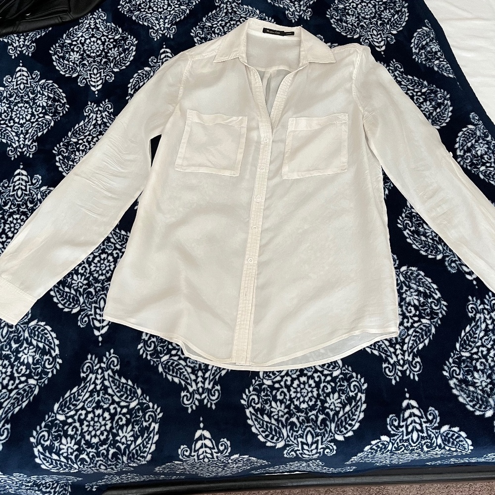 Massimo Dutti silky off-white sheer button-down chemise